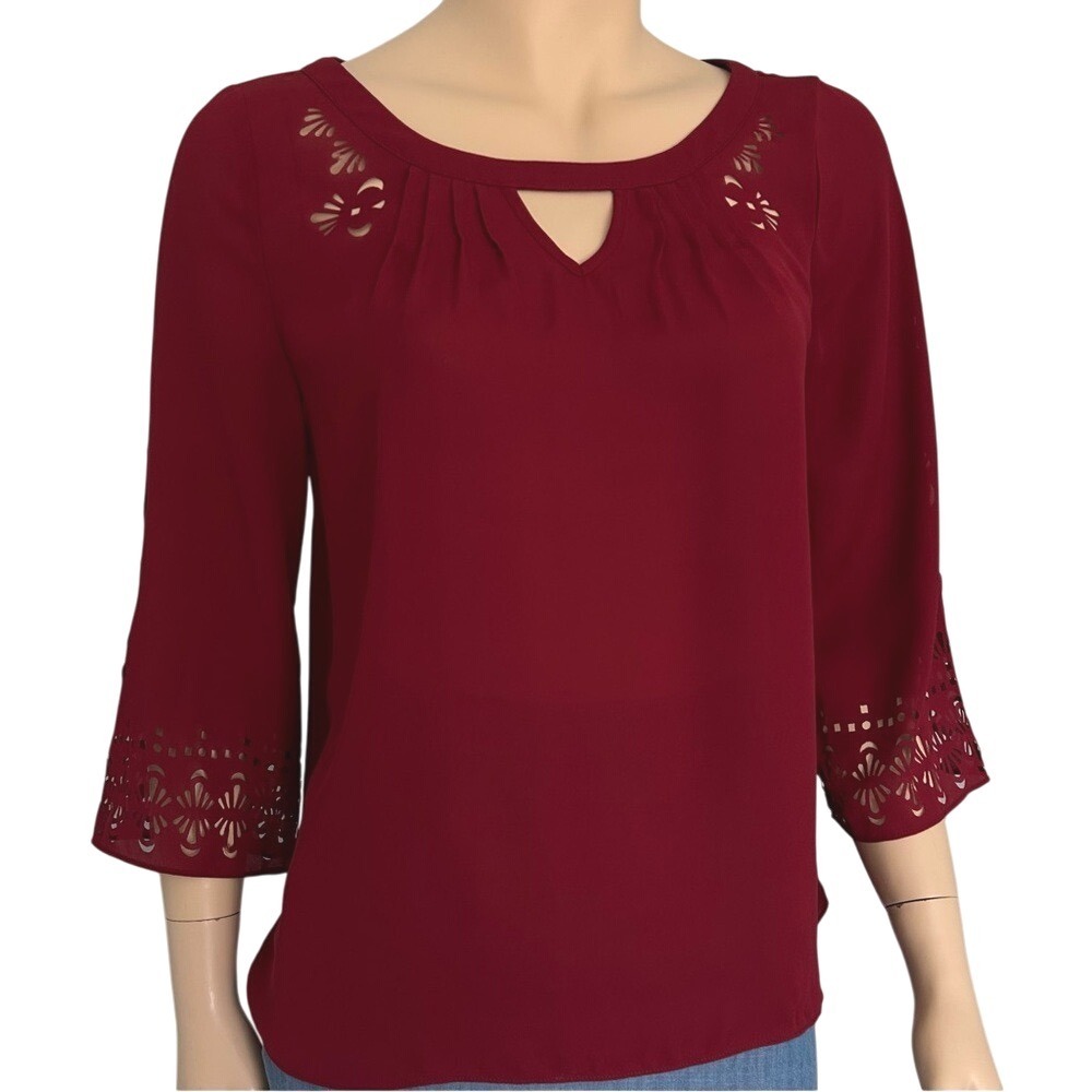 Maeve Anthropologie chiffon laser cut‎ burgundy red top size 4